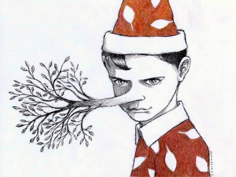 Zeichnung: Pinocchio mit rot/weiß gemustertem Hut und Hemd sowie dem obligaten Bäumchen statt einer Nase im Gesicht.