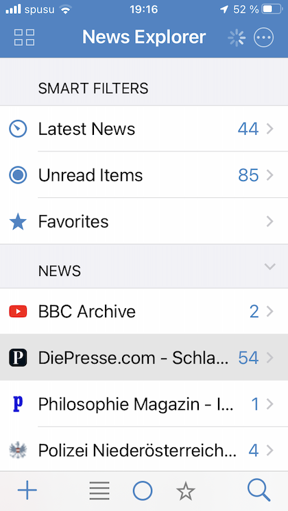 Screenshot iPhone: News Explorer, Smart Filters, News, BBC Archive, Die Presse.com - Schlagzeilen, Philosophie Magazin, ...