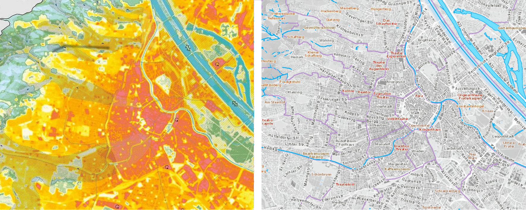 Klima- und Gewässerkarte nebeneinander gestellt. In der linken, thermischen Karte sollte eigentlich eine blaue Linie den kühlen Wienfluss anzeigen – stattdessen sehen wir dort gelb-rote Hitzeinseln. Einzig der Stadtpark mit seinen Bäumen und Gewässern ist grün und blau. Rechts ein ähnlicher Ausschnitt aus der Gewässerkarte, welcher die Lage des auf Klimaanalysekarten »verschwunden« Wienflusses zeigt.