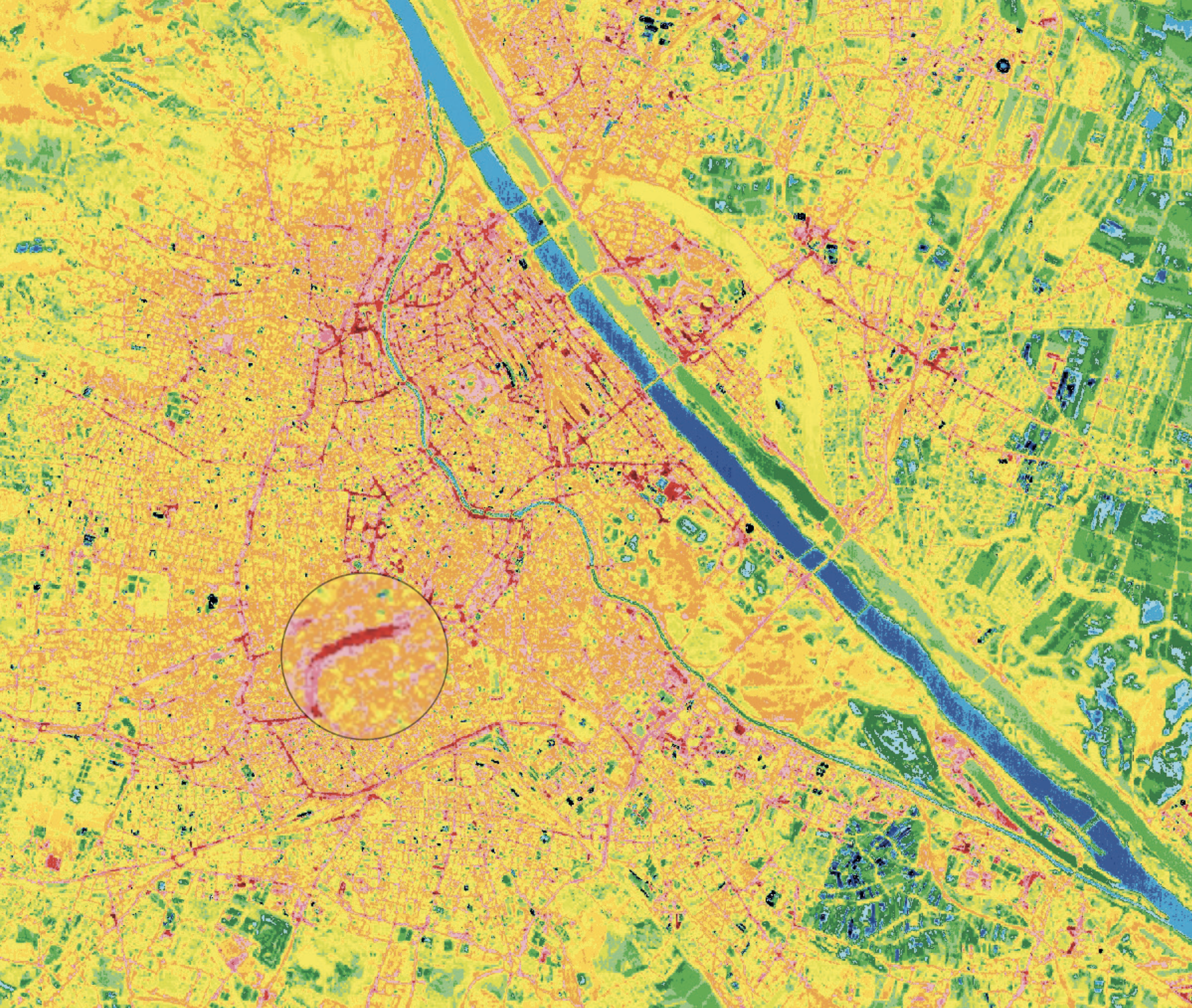 Ausschnitt einer Wienkarte: Zentrum und Straßen rot bis gelb zu sehen. Nur die Gewässer und manche Grünflächen sind in Grün bis Blau dargestellt.