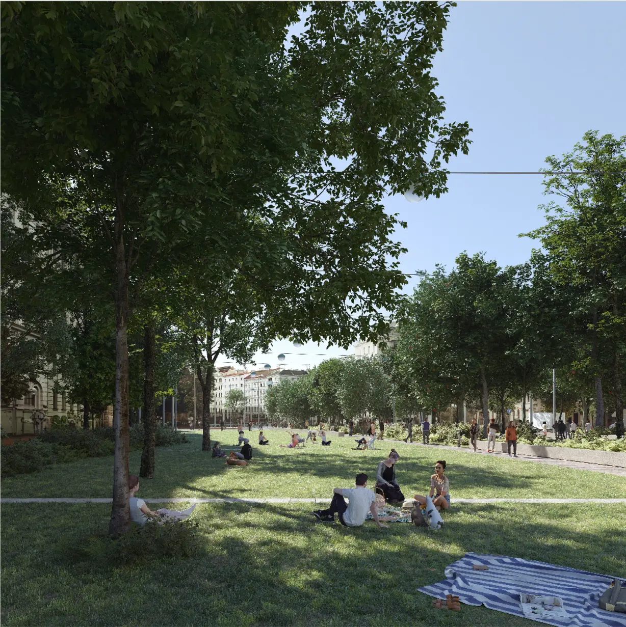 Rendering: Parklandschaft, am Rasen sitzen Menschen beschattet durch Bäume. Im Hintergrund blitzen Gründerzeitbauten hervor.